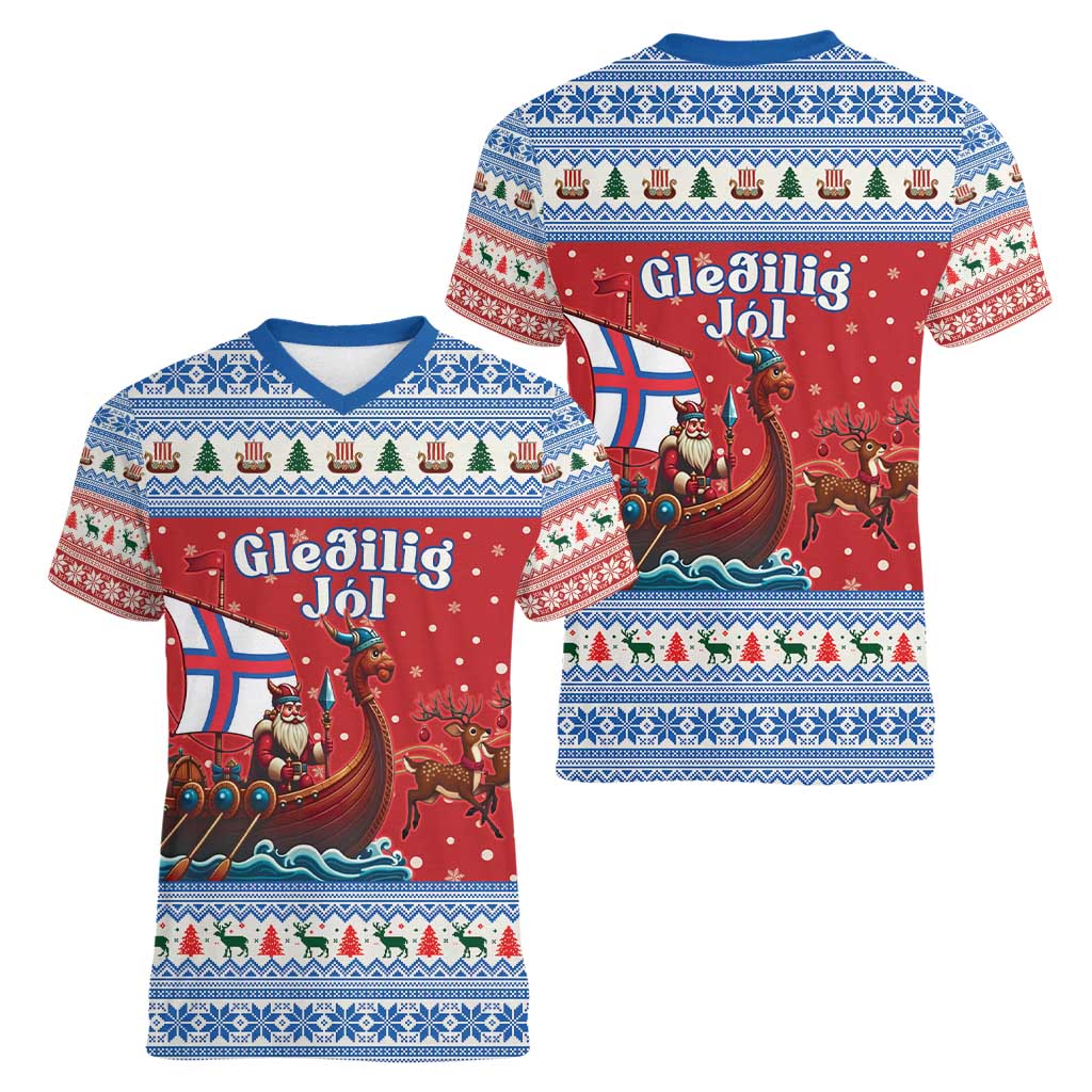 Faroe Islands Viking Santa Christmas Women V-Neck T-Shirt Funny Reindeer Norse Xmas - Wonder Print Shop