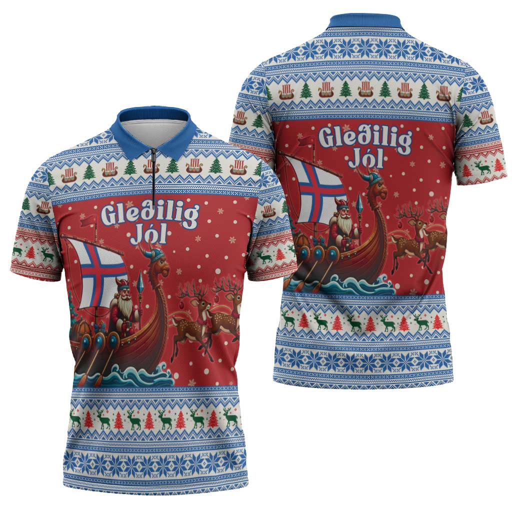 Faroe Islands Viking Santa Christmas Zipper Polo Shirt Funny Reindeer Norse Xmas - Wonder Print Shop