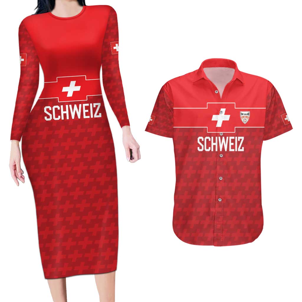 Custom World Football 2026 Switzerland Couples Matching Long Sleeve Bodycon Dress and Hawaiian Shirt Schweiz Hopp Schwiiz - Wonder Print Shop