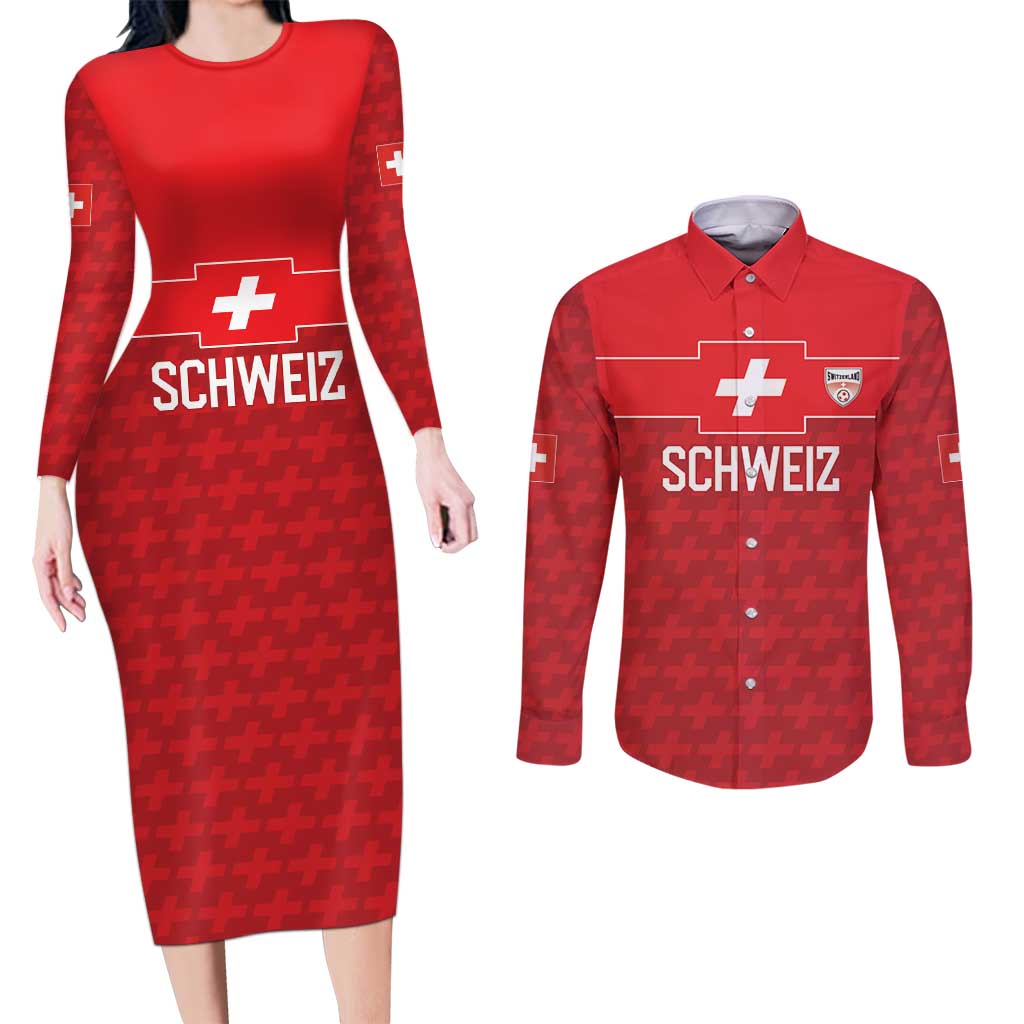 Custom World Football 2026 Switzerland Couples Matching Long Sleeve Bodycon Dress and Long Sleeve Button Shirt Schweiz Hopp Schwiiz - Wonder Print Shop