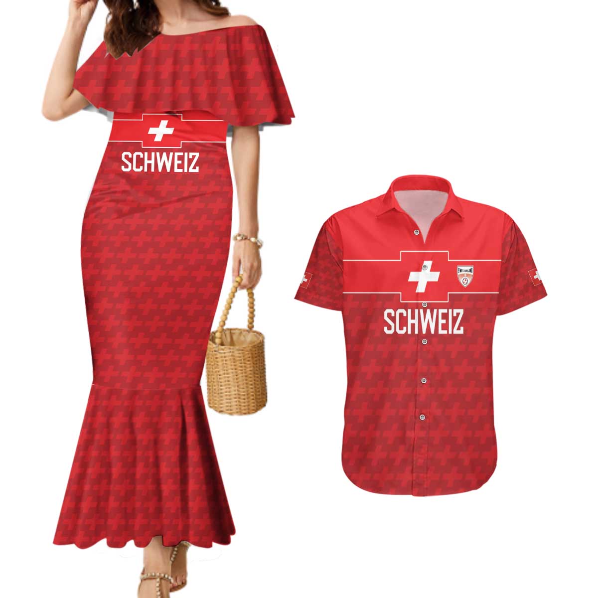 Custom World Football 2026 Switzerland Couples Matching Mermaid Dress and Hawaiian Shirt Schweiz Hopp Schwiiz - Wonder Print Shop