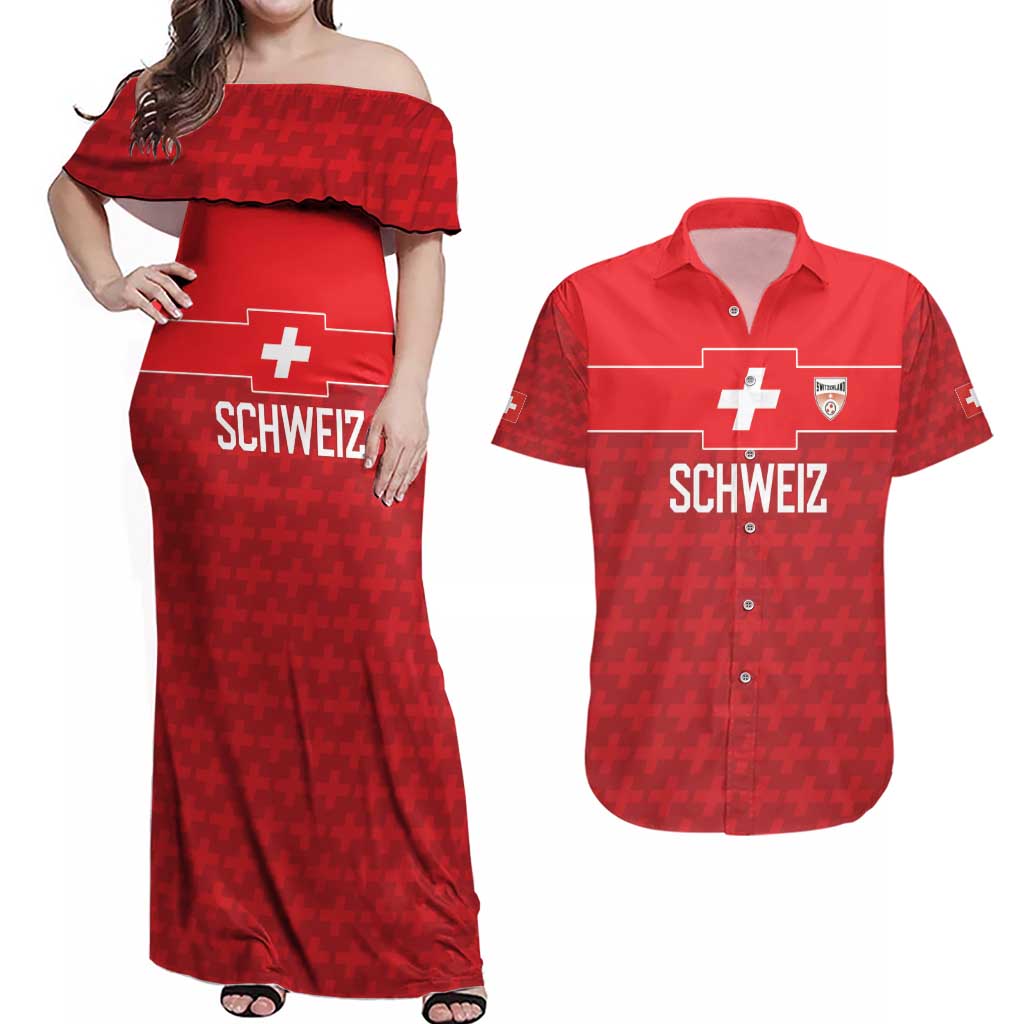 Custom World Football 2026 Switzerland Couples Matching Off Shoulder Maxi Dress and Hawaiian Shirt Schweiz Hopp Schwiiz - Wonder Print Shop