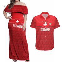 Custom World Football 2026 Switzerland Couples Matching Off Shoulder Maxi Dress and Hawaiian Shirt Schweiz Hopp Schwiiz - Wonder Print Shop