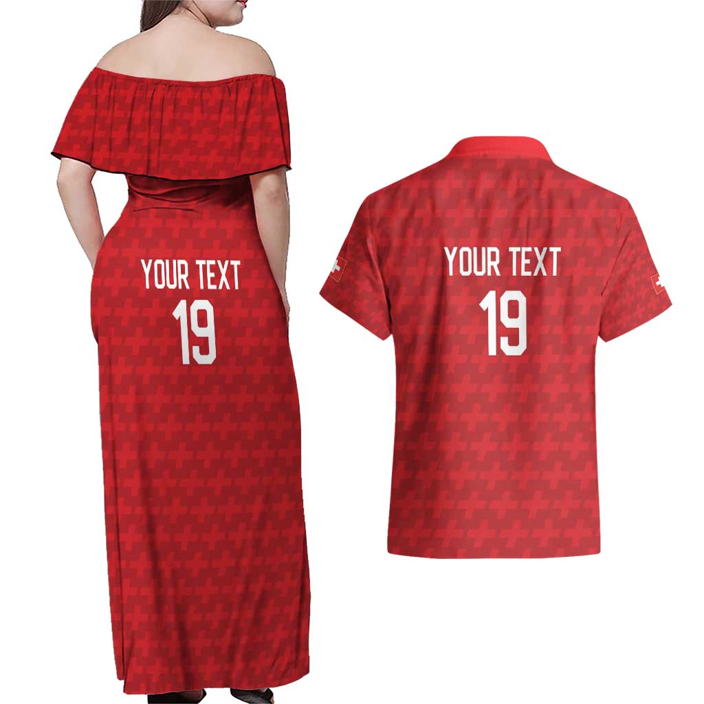 Custom World Football 2026 Switzerland Couples Matching Off Shoulder Maxi Dress and Hawaiian Shirt Schweiz Hopp Schwiiz - Wonder Print Shop