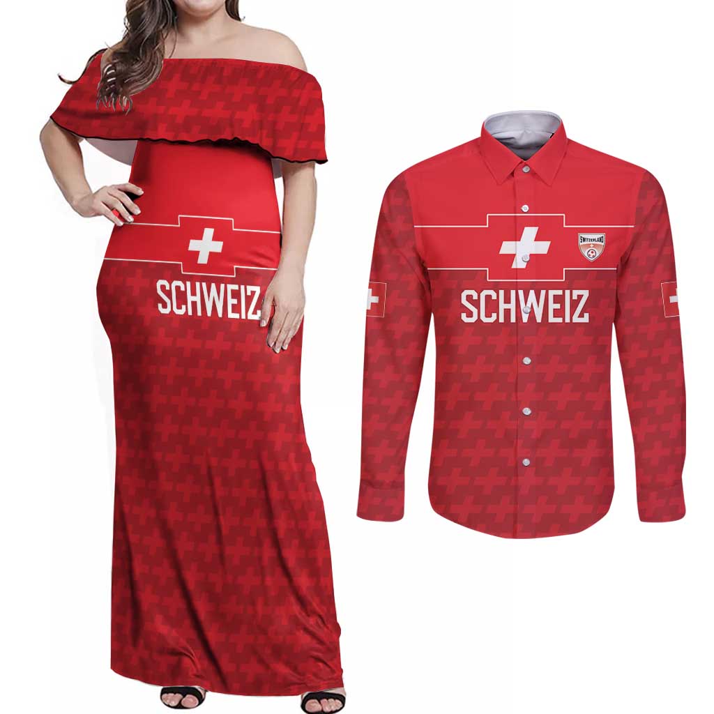Custom World Football 2026 Switzerland Couples Matching Off Shoulder Maxi Dress and Long Sleeve Button Shirt Schweiz Hopp Schwiiz - Wonder Print Shop