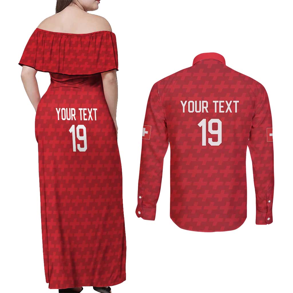 Custom World Football 2026 Switzerland Couples Matching Off Shoulder Maxi Dress and Long Sleeve Button Shirt Schweiz Hopp Schwiiz - Wonder Print Shop