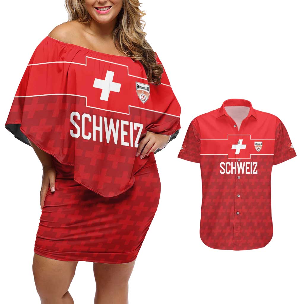 Custom World Football 2026 Switzerland Couples Matching Off Shoulder Short Dress and Hawaiian Shirt Schweiz Hopp Schwiiz - Wonder Print Shop