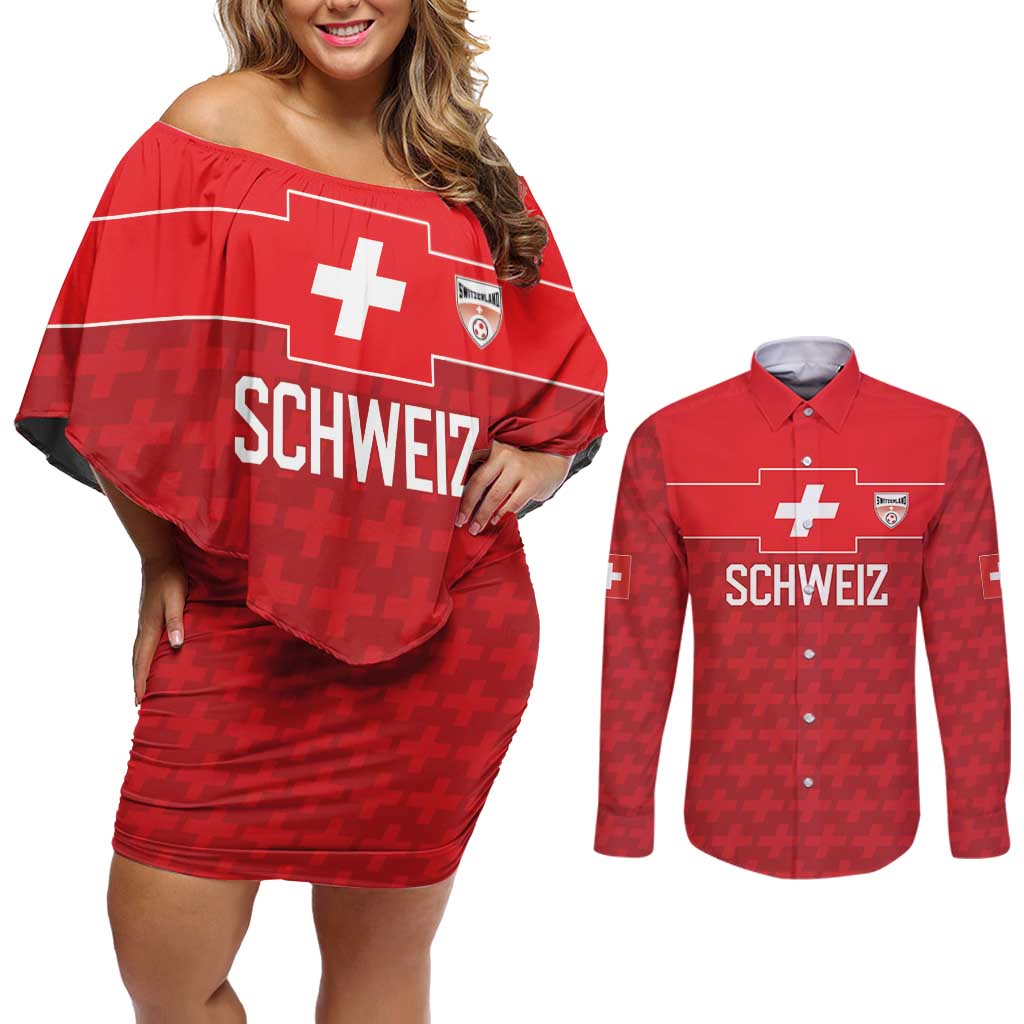 Custom World Football 2026 Switzerland Couples Matching Off Shoulder Short Dress and Long Sleeve Button Shirt Schweiz Hopp Schwiiz - Wonder Print Shop