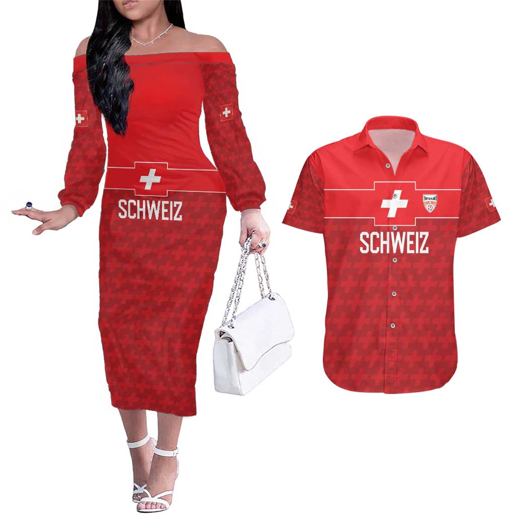 Custom World Football 2026 Switzerland Couples Matching Off The Shoulder Long Sleeve Dress and Hawaiian Shirt Schweiz Hopp Schwiiz - Wonder Print Shop