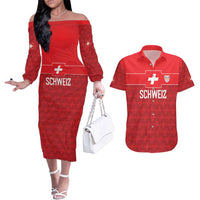 Custom World Football 2026 Switzerland Couples Matching Off The Shoulder Long Sleeve Dress and Hawaiian Shirt Schweiz Hopp Schwiiz - Wonder Print Shop