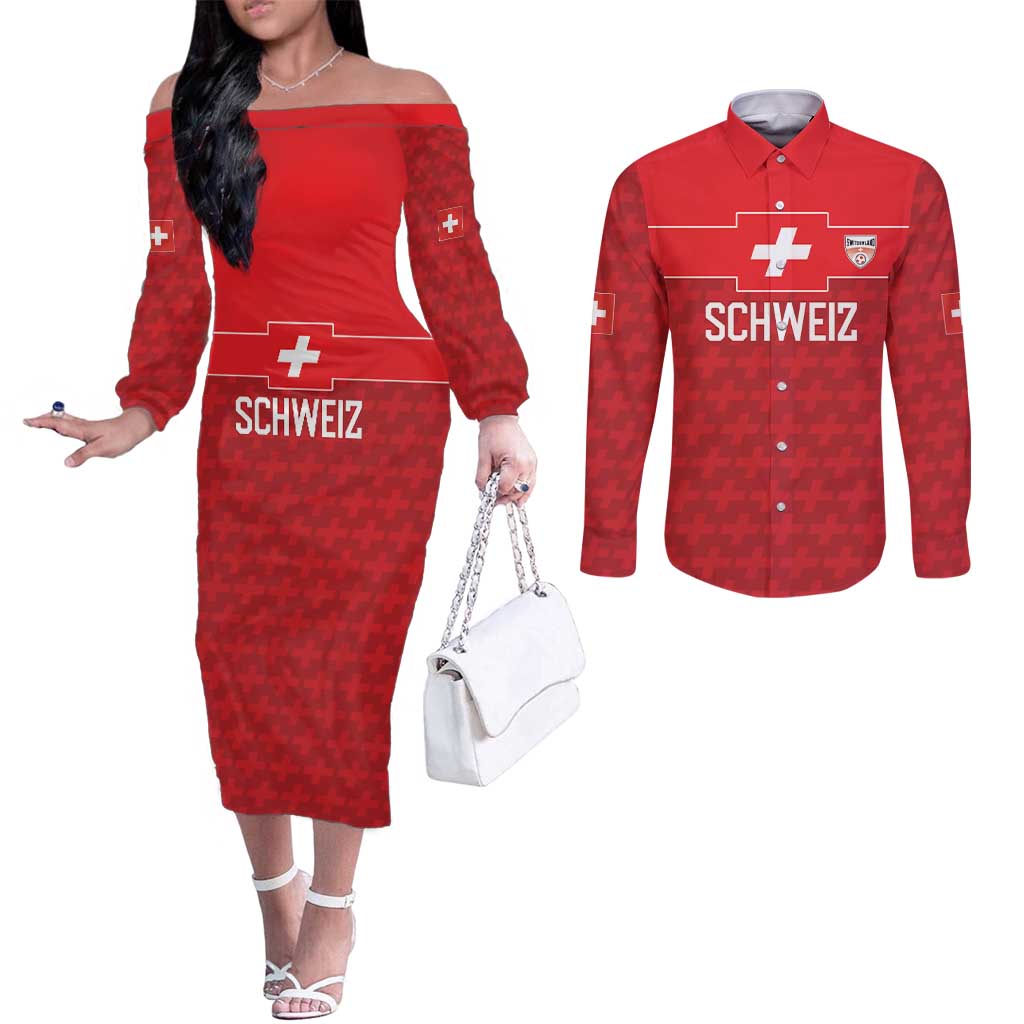 Custom World Football 2026 Switzerland Couples Matching Off The Shoulder Long Sleeve Dress and Long Sleeve Button Shirt Schweiz Hopp Schwiiz - Wonder Print Shop