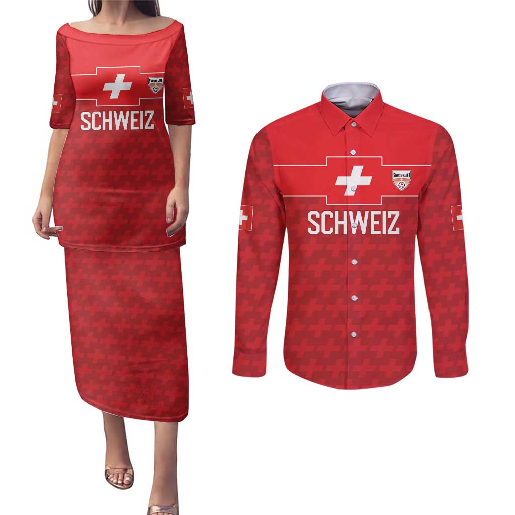 Custom World Football 2026 Switzerland Couples Matching Puletasi and Long Sleeve Button Shirt Schweiz Hopp Schwiiz - Wonder Print Shop