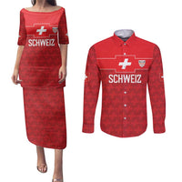 Custom World Football 2026 Switzerland Couples Matching Puletasi and Long Sleeve Button Shirt Schweiz Hopp Schwiiz - Wonder Print Shop