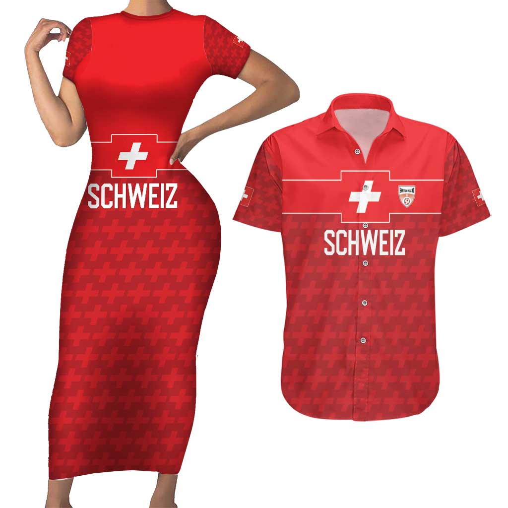 Custom World Football 2026 Switzerland Couples Matching Short Sleeve Bodycon Dress and Hawaiian Shirt Schweiz Hopp Schwiiz - Wonder Print Shop
