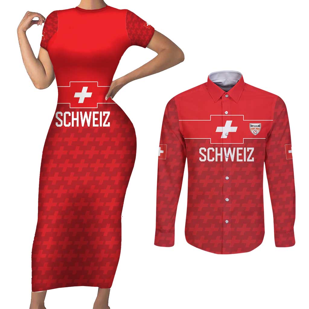 Custom World Football 2026 Switzerland Couples Matching Short Sleeve Bodycon Dress and Long Sleeve Button Shirt Schweiz Hopp Schwiiz - Wonder Print Shop