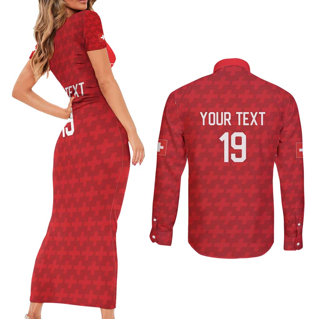 Custom World Football 2026 Switzerland Couples Matching Short Sleeve Bodycon Dress and Long Sleeve Button Shirt Schweiz Hopp Schwiiz - Wonder Print Shop
