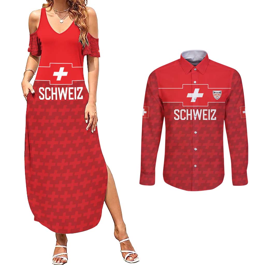 Custom World Football 2026 Switzerland Couples Matching Summer Maxi Dress and Long Sleeve Button Shirt Schweiz Hopp Schwiiz - Wonder Print Shop