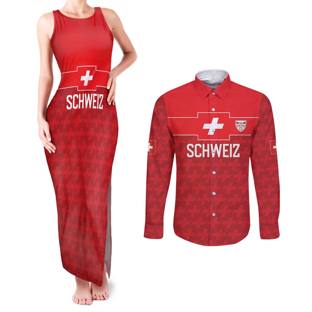 Custom World Football 2026 Switzerland Couples Matching Tank Maxi Dress and Long Sleeve Button Shirt Schweiz Hopp Schwiiz - Wonder Print Shop