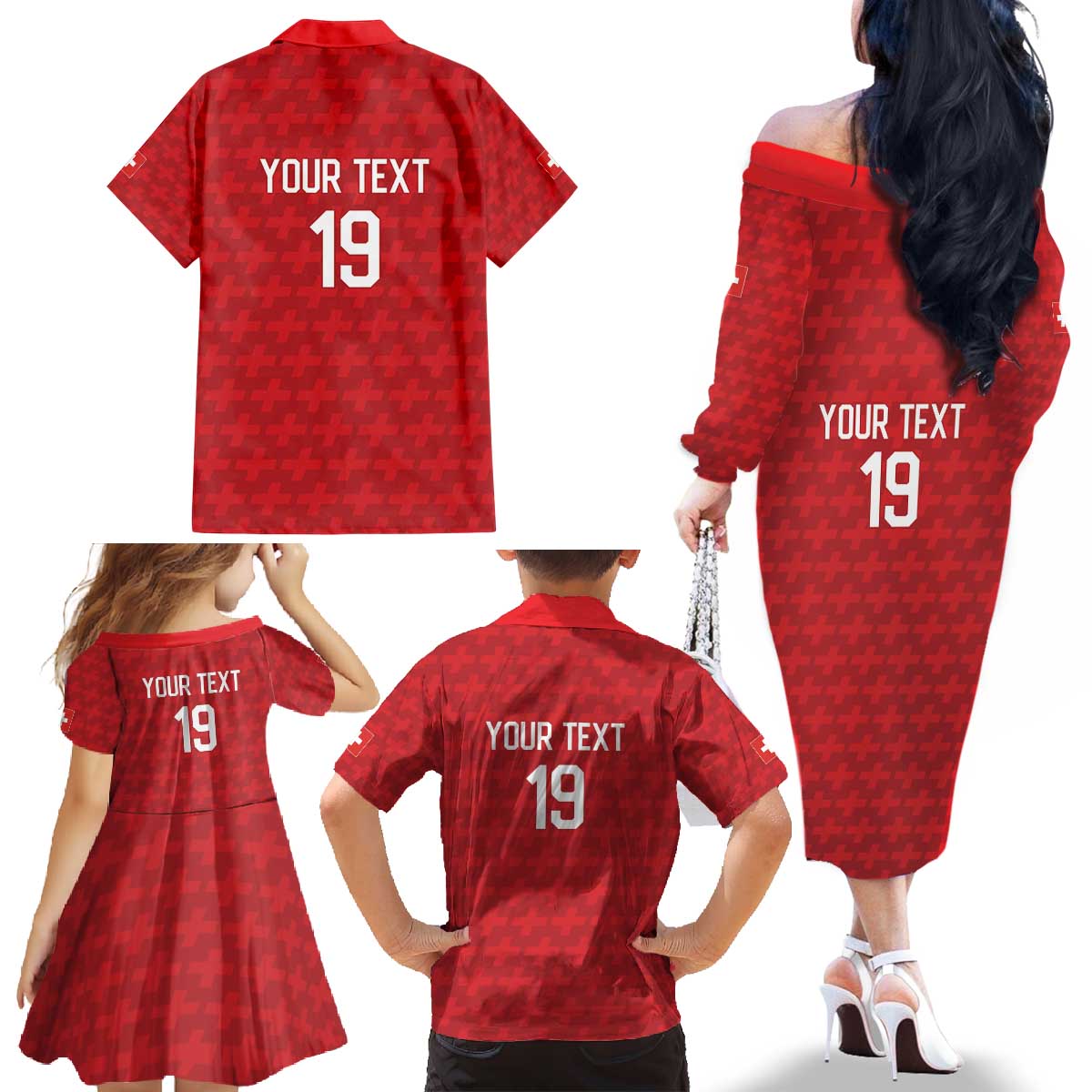 Custom World Football 2026 Switzerland Family Matching Off The Shoulder Long Sleeve Dress and Hawaiian Shirt Schweiz Hopp Schwiiz - Wonder Print Shop