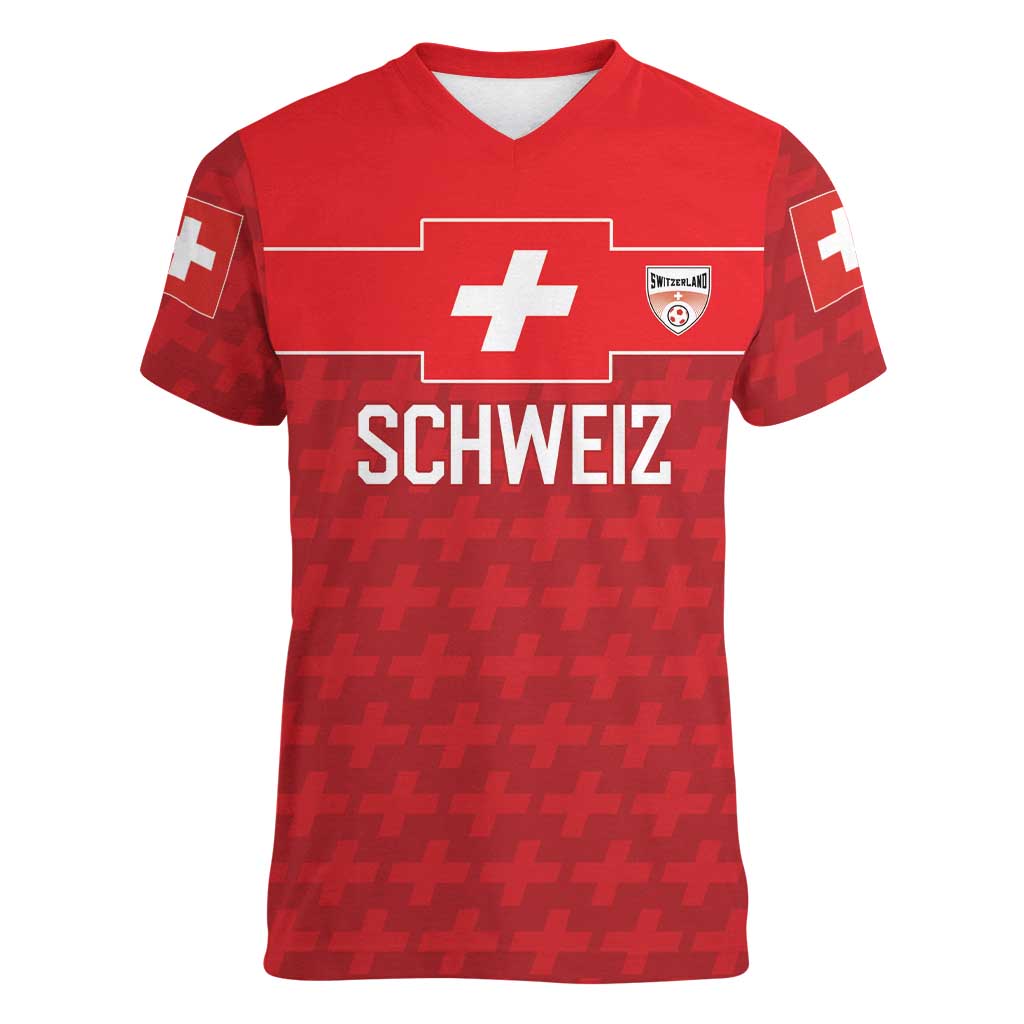 Custom World Football 2026 Switzerland Women V-Neck T-Shirt Schweiz Hopp Schwiiz - Wonder Print Shop