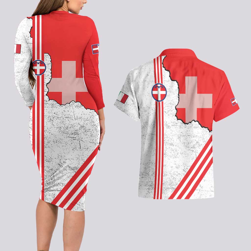 Italy Piedmont Couples Matching Long Sleeve Bodycon Dress and Hawaiian Shirt Map With Flag Style - Wonder Print Shop
