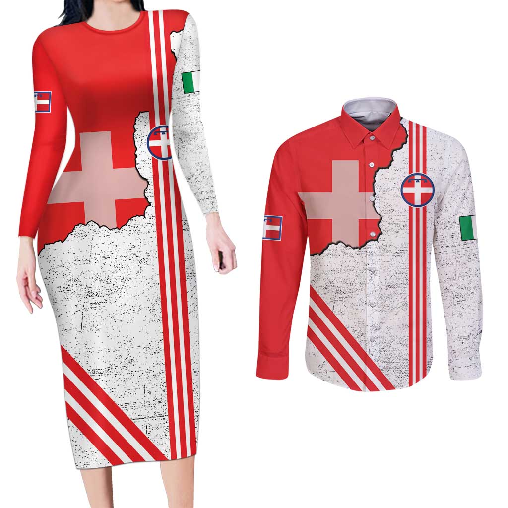 Italy Piedmont Couples Matching Long Sleeve Bodycon Dress and Long Sleeve Button Shirt Map With Flag Style - Wonder Print Shop