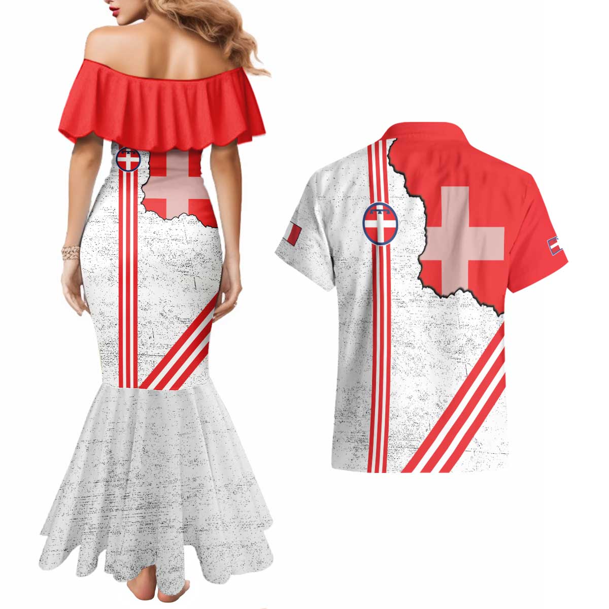 Italy Piedmont Couples Matching Mermaid Dress and Hawaiian Shirt Map With Flag Style - Wonder Print Shop