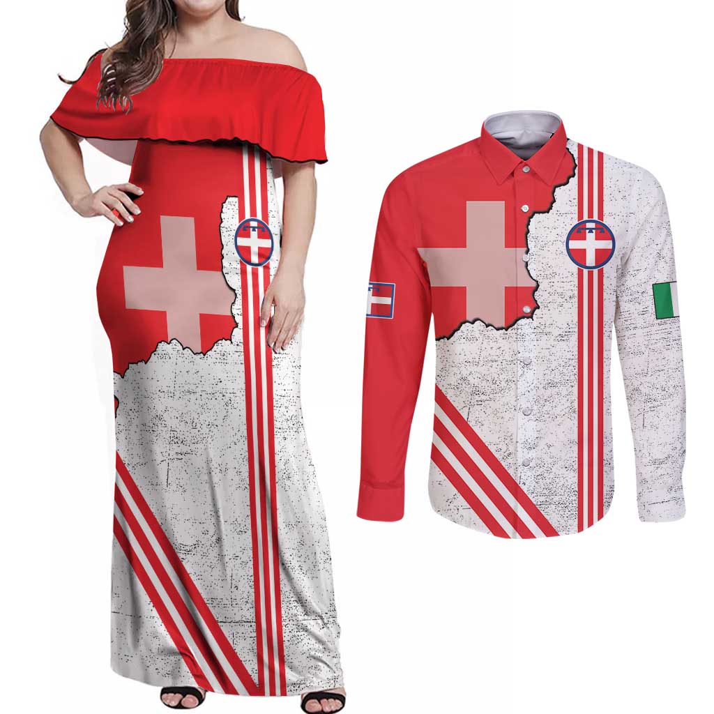 Italy Piedmont Couples Matching Off Shoulder Maxi Dress and Long Sleeve Button Shirt Map With Flag Style - Wonder Print Shop