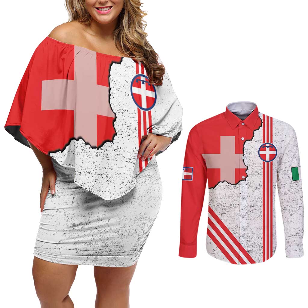 Italy Piedmont Couples Matching Off Shoulder Short Dress and Long Sleeve Button Shirt Map With Flag Style - Wonder Print Shop