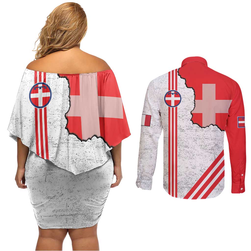 Italy Piedmont Couples Matching Off Shoulder Short Dress and Long Sleeve Button Shirt Map With Flag Style - Wonder Print Shop