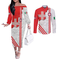 Italy Piedmont Couples Matching Off The Shoulder Long Sleeve Dress and Long Sleeve Button Shirt Map With Flag Style - Wonder Print Shop