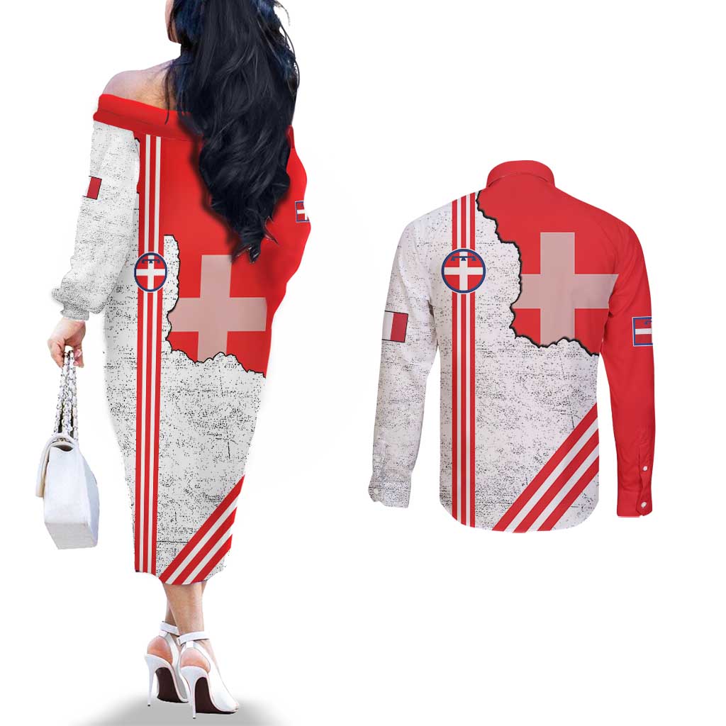Italy Piedmont Couples Matching Off The Shoulder Long Sleeve Dress and Long Sleeve Button Shirt Map With Flag Style - Wonder Print Shop