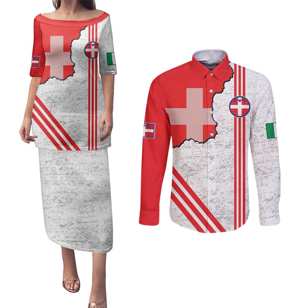 Italy Piedmont Couples Matching Puletasi and Long Sleeve Button Shirt Map With Flag Style - Wonder Print Shop
