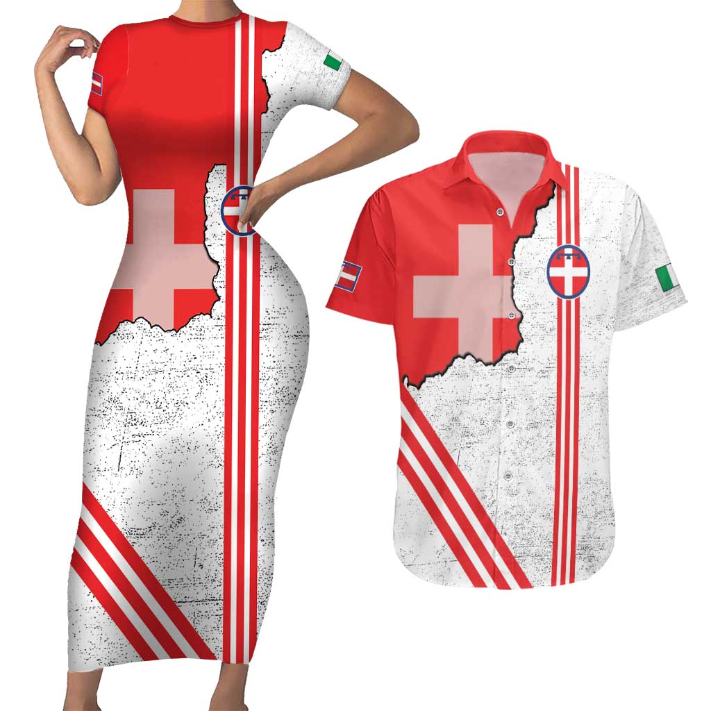 Italy Piedmont Couples Matching Short Sleeve Bodycon Dress and Hawaiian Shirt Map With Flag Style - Wonder Print Shop