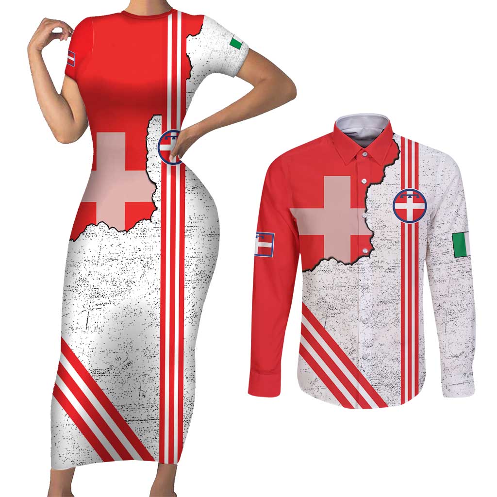 Italy Piedmont Couples Matching Short Sleeve Bodycon Dress and Long Sleeve Button Shirt Map With Flag Style - Wonder Print Shop
