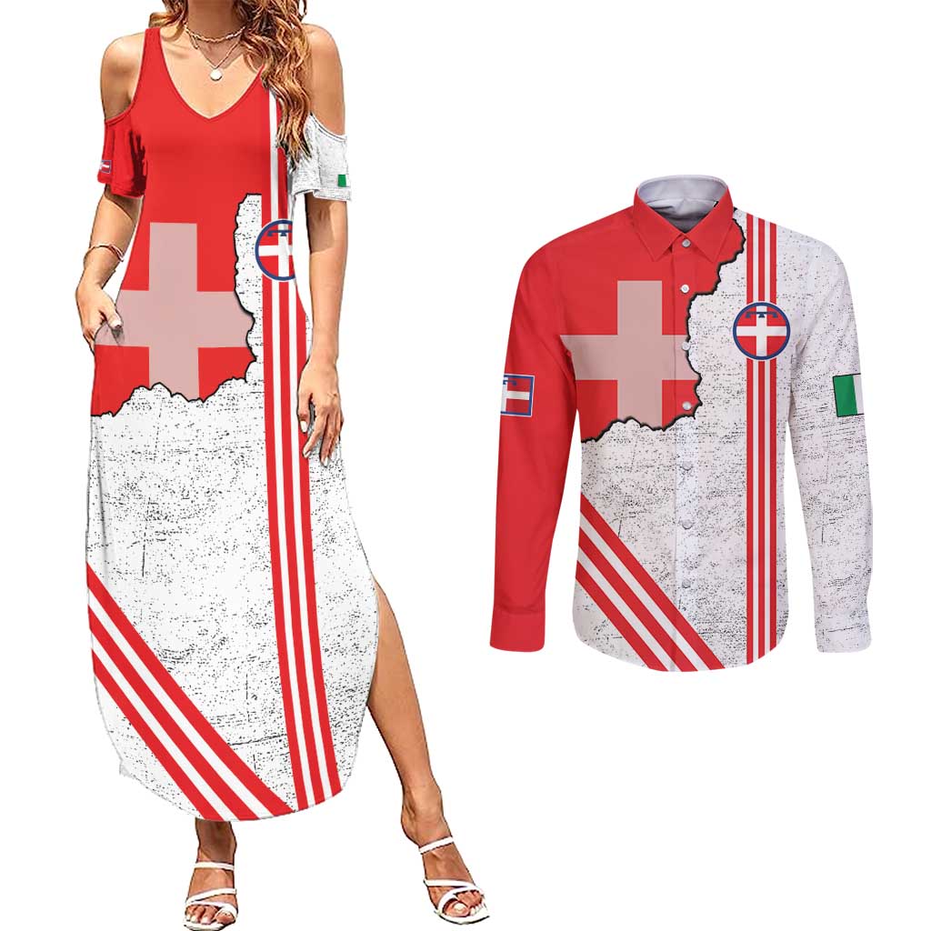 Italy Piedmont Couples Matching Summer Maxi Dress and Long Sleeve Button Shirt Map With Flag Style - Wonder Print Shop