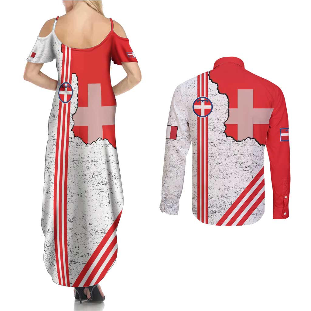 Italy Piedmont Couples Matching Summer Maxi Dress and Long Sleeve Button Shirt Map With Flag Style - Wonder Print Shop