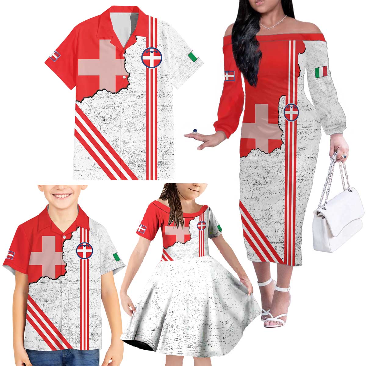 Italy Piedmont Family Matching Off The Shoulder Long Sleeve Dress and Hawaiian Shirt Map With Flag Style - Wonder Print Shop