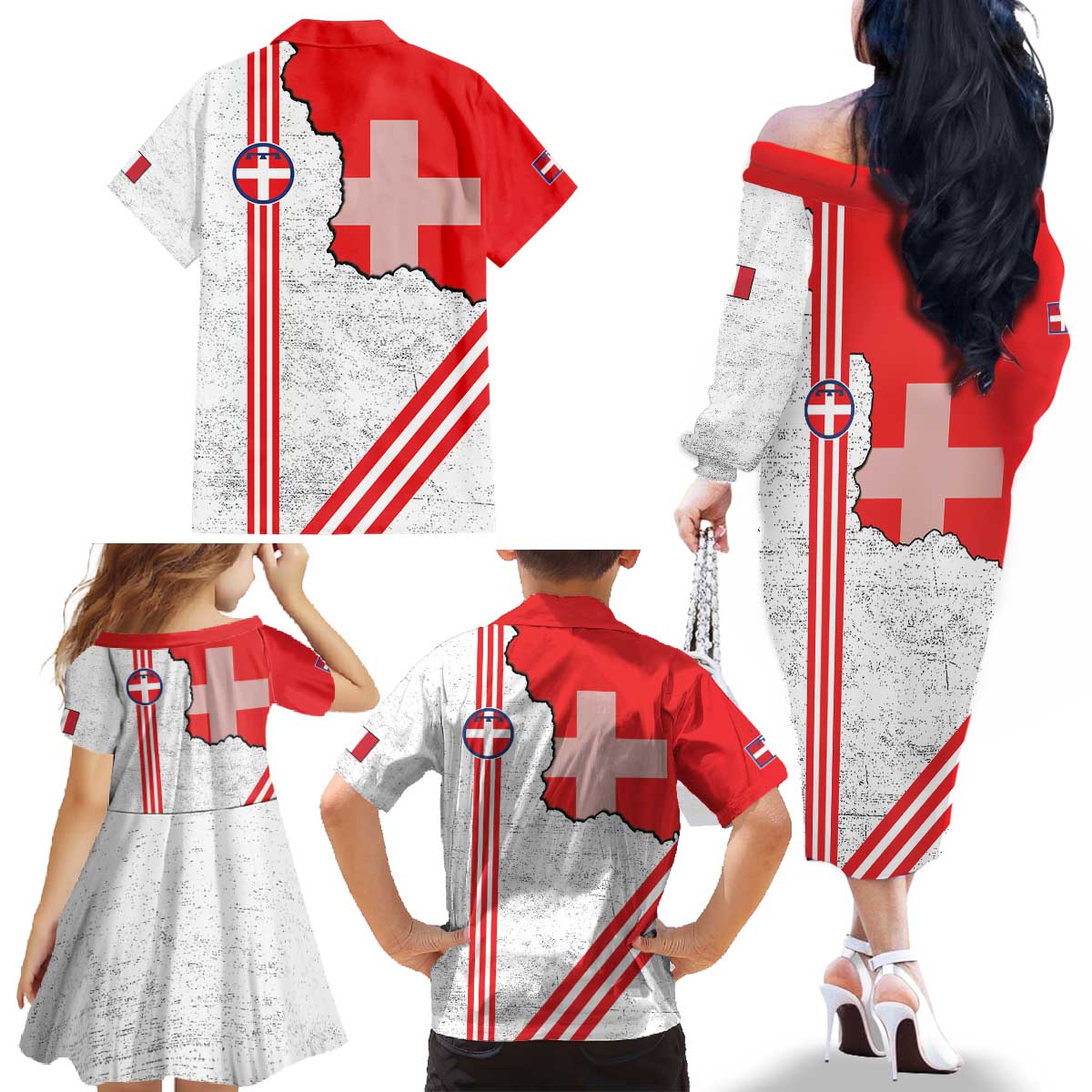 Italy Piedmont Family Matching Off The Shoulder Long Sleeve Dress and Hawaiian Shirt Map With Flag Style - Wonder Print Shop