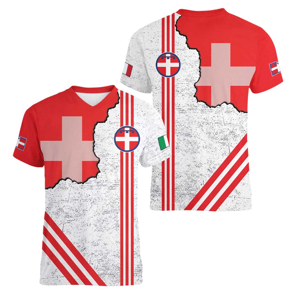 Italy Piedmont Women V-Neck T-Shirt Map With Flag Style - Wonder Print Shop