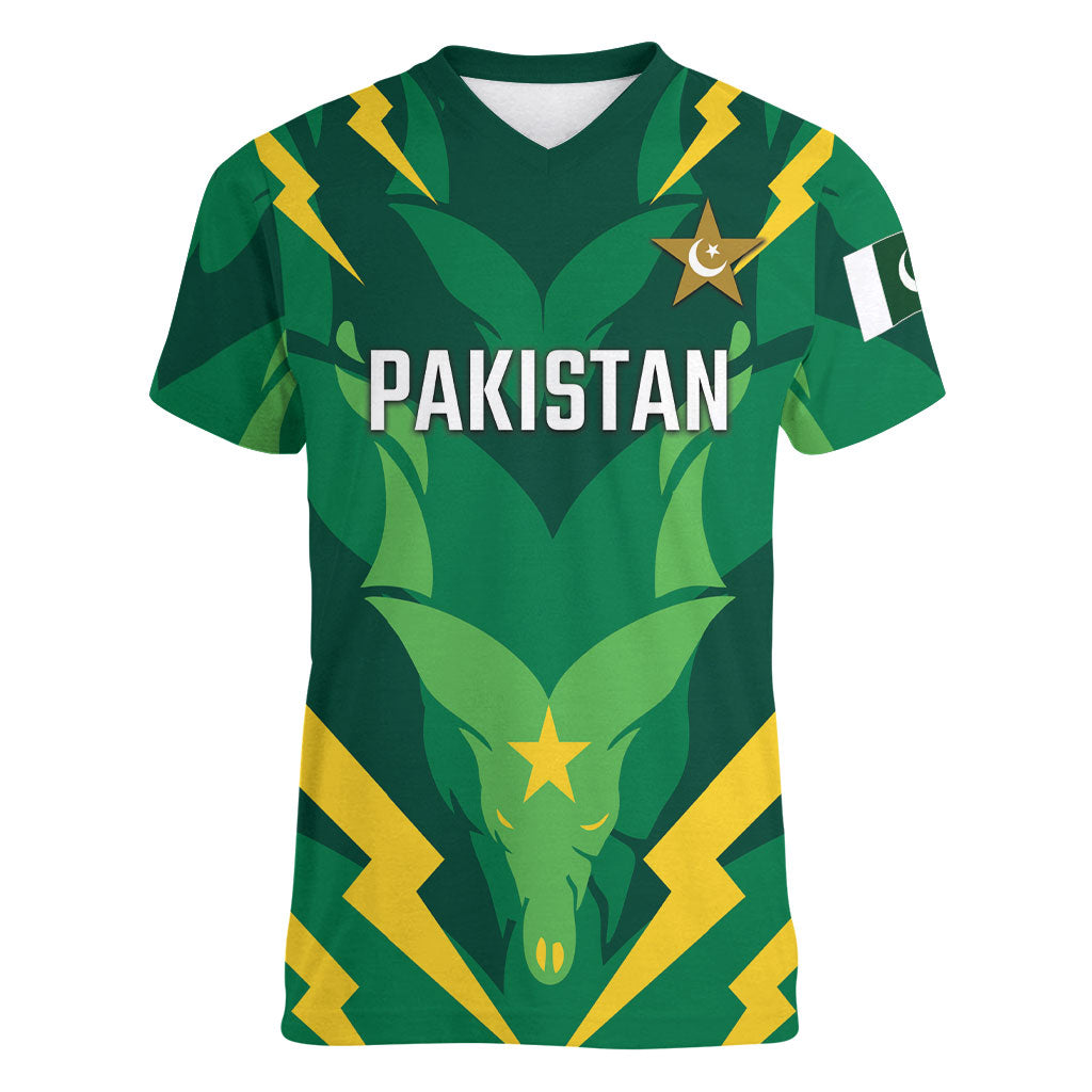 Custom Pakistan Cricket Women V-Neck T-Shirt Markhor Spirit