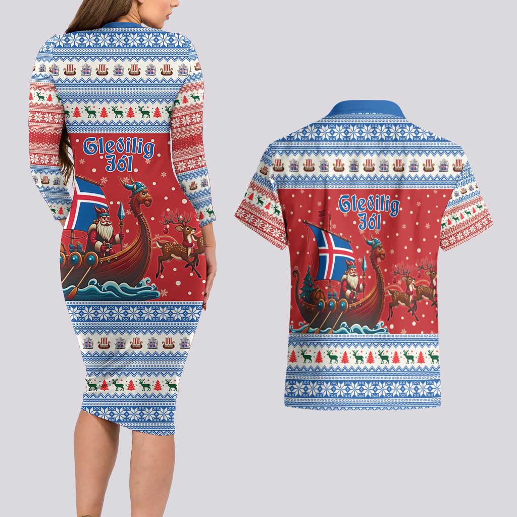 Iceland Viking Santa Christmas Couples Matching Long Sleeve Bodycon Dress and Hawaiian Shirt Funny Reindeer Norse Xmas - Wonder Print Shop
