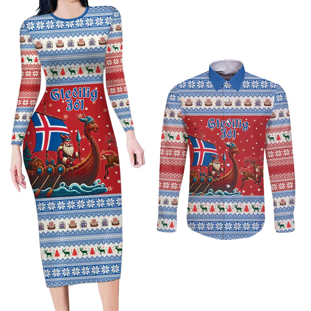 Iceland Viking Santa Christmas Couples Matching Long Sleeve Bodycon Dress and Long Sleeve Button Shirt Funny Reindeer Norse Xmas - Wonder Print Shop