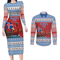 Iceland Viking Santa Christmas Couples Matching Long Sleeve Bodycon Dress and Long Sleeve Button Shirt Funny Reindeer Norse Xmas - Wonder Print Shop