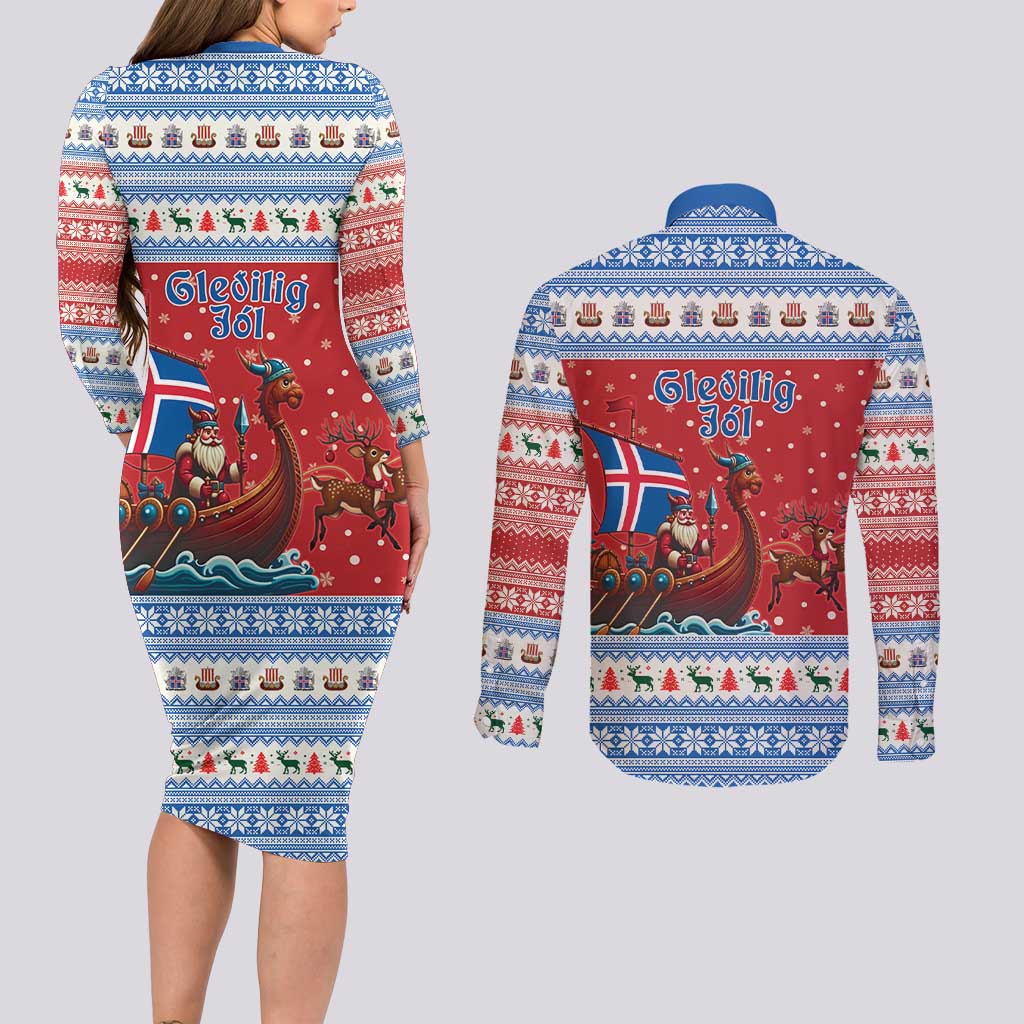 Iceland Viking Santa Christmas Couples Matching Long Sleeve Bodycon Dress and Long Sleeve Button Shirt Funny Reindeer Norse Xmas - Wonder Print Shop