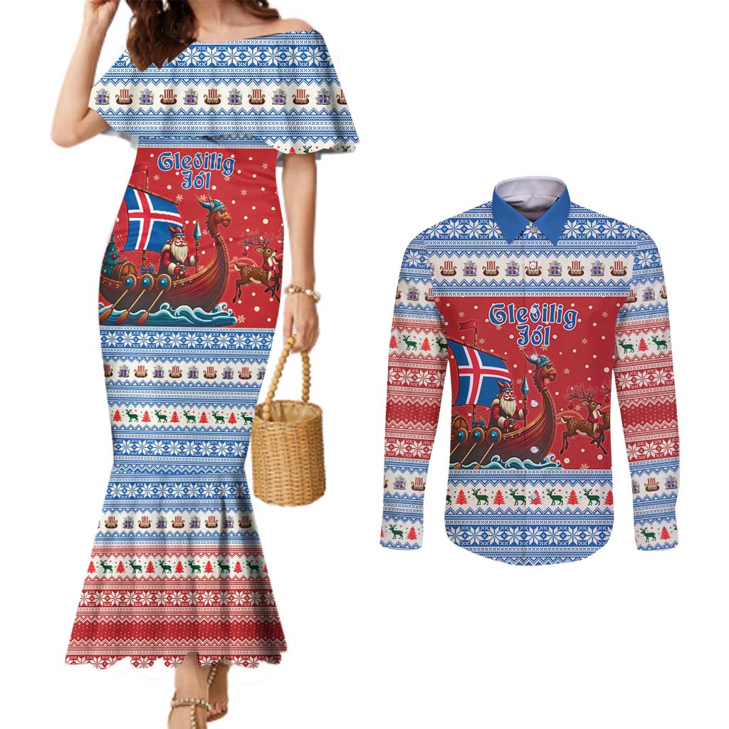 Iceland Viking Santa Christmas Couples Matching Mermaid Dress and Long Sleeve Button Shirt Funny Reindeer Norse Xmas - Wonder Print Shop