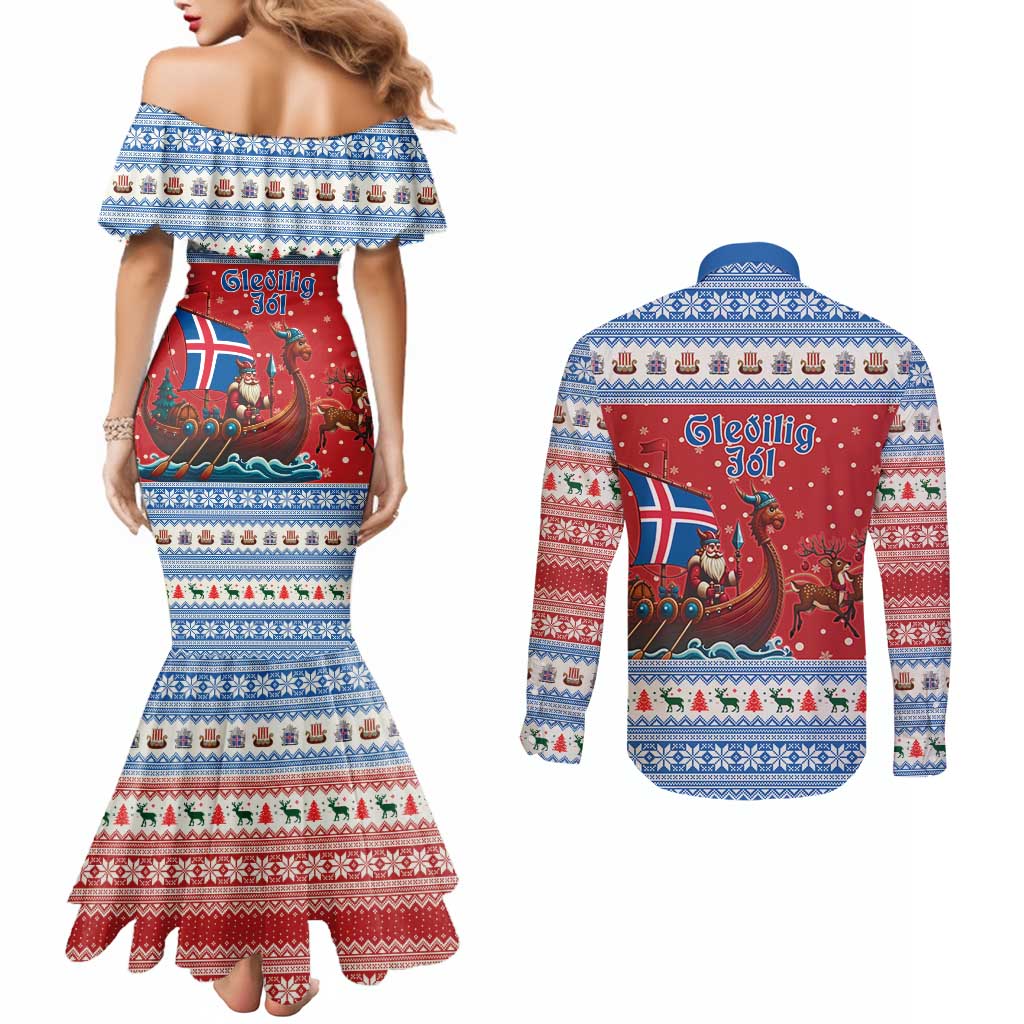 Iceland Viking Santa Christmas Couples Matching Mermaid Dress and Long Sleeve Button Shirt Funny Reindeer Norse Xmas - Wonder Print Shop