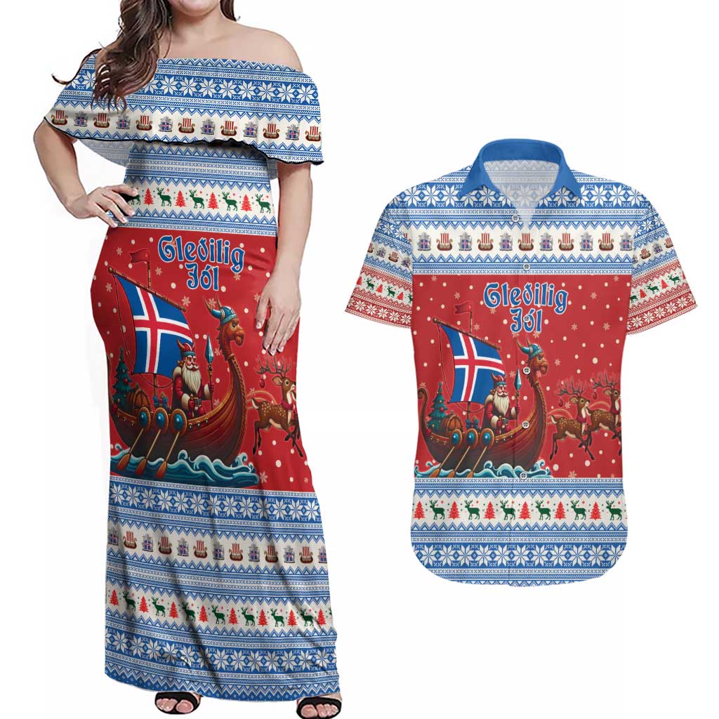 Iceland Viking Santa Christmas Couples Matching Off Shoulder Maxi Dress and Hawaiian Shirt Funny Reindeer Norse Xmas - Wonder Print Shop