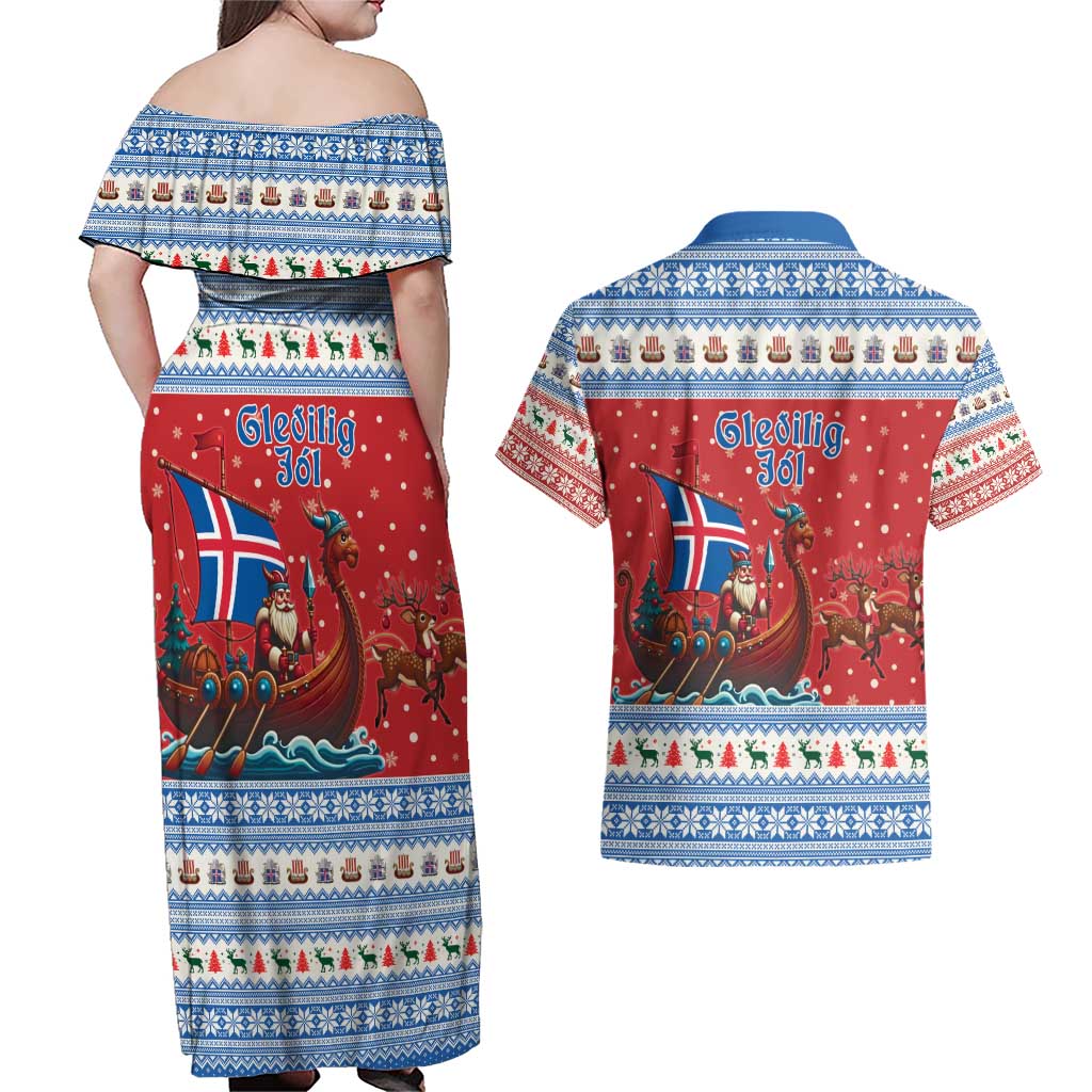 Iceland Viking Santa Christmas Couples Matching Off Shoulder Maxi Dress and Hawaiian Shirt Funny Reindeer Norse Xmas - Wonder Print Shop