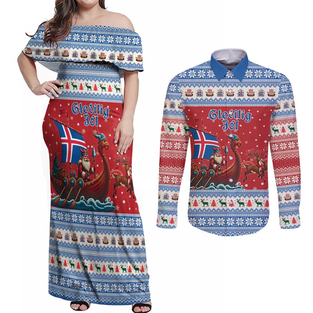 Iceland Viking Santa Christmas Couples Matching Off Shoulder Maxi Dress and Long Sleeve Button Shirt Funny Reindeer Norse Xmas - Wonder Print Shop